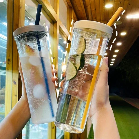 

700ML Folding Straw Cup Transparent Large Capacity Water Cup Portable Juice Cups Lemon Filter Cute Drinking Bottle for Girl