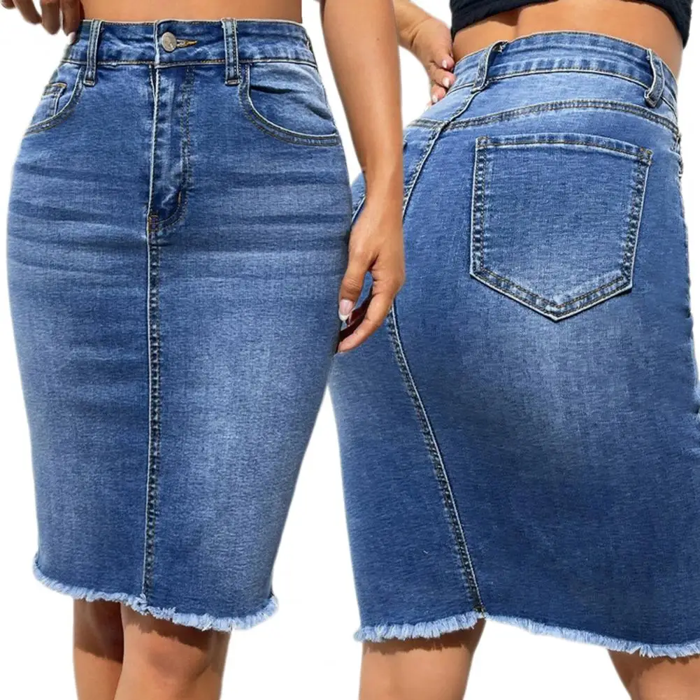 

Women Hip-hugging Skirt Stylish Women's Denim Skirt with High Waist Button Zipper Fly Tassel Hem Multi Pocket for Fashionable