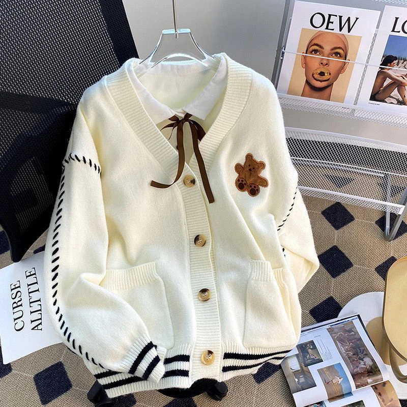 

Gidyq Women Cardigan Sweater Autumn Korean Fashion Cartoon Embroidery Loose Coats Casual Female All Match Button Knitted Jacket