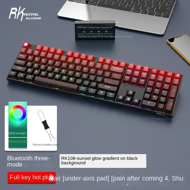 Rk108 teclado mecânico sem fio, rgb, bluetooth, modo 3, 2.4g, 100 por ...