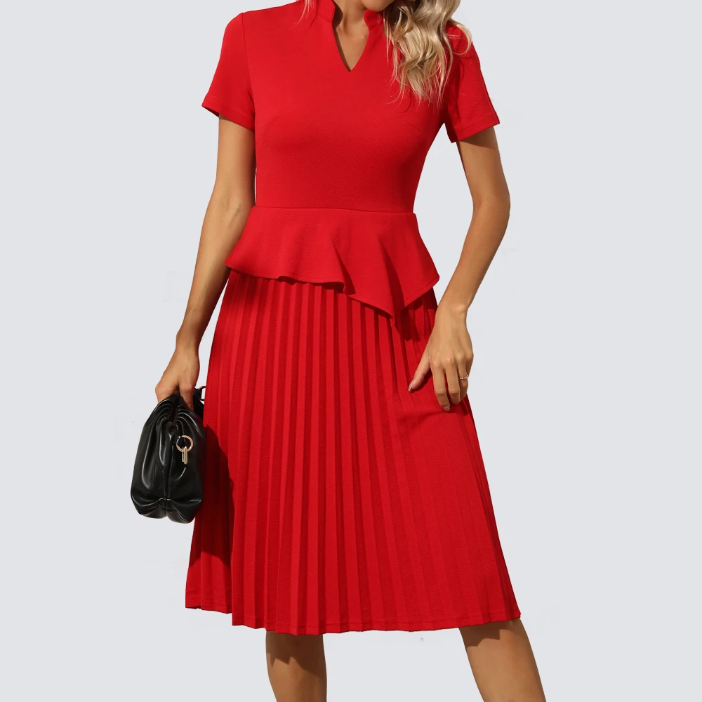 

Summer Women Chic Solid Color Pleated Dresses Wear to Work Elegant A-line Dress HA402