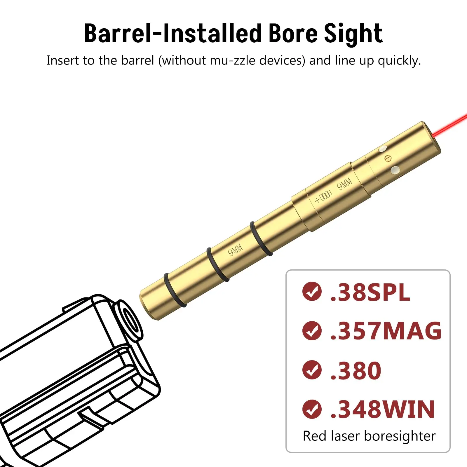 Red Laser Bore Sight For .22LR 9MM .223Rem.38SPL.380 Cal End Barrel Boresighter with 4 Sets of Batteries and Spare O-Rings