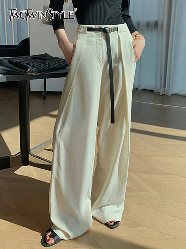 

TWOTWINSTYLE Solid Minimalist Pants For Women High Waist Full Length Patchwork Belt Casual Loose Wide Leg Pant Female Clothing