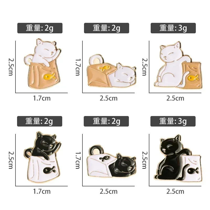 Black White Cats Enamel Pins Fish Gold Brooches Cartoon Animal Cute Metal Badges Denim Lapel for Kids Women Pencil Bags Backpack