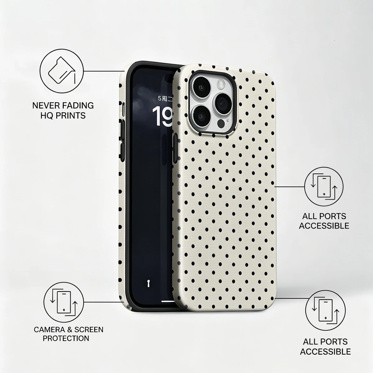 Korean Film-Inspired Polka Dot Cream and Black Hard Phone Case