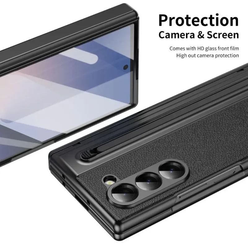Luxury Leather Phone Case with S Pen Holder & Hinge Protection - Skin Feel & Shockproof Design