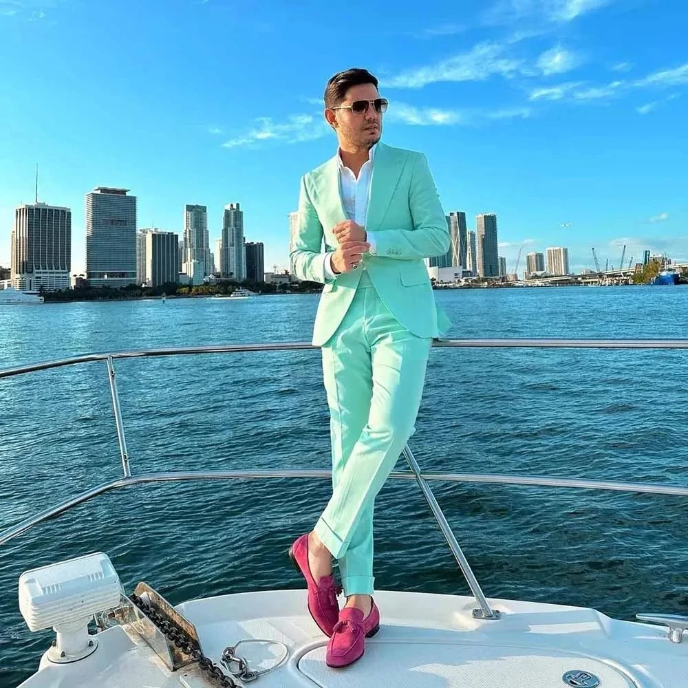 Mint Green Men's Suits 2 Piece Jacket Pants Single Breasted Peaked Lapel Formal Blazer Traveling Wedding Slim Fit Costume Homme