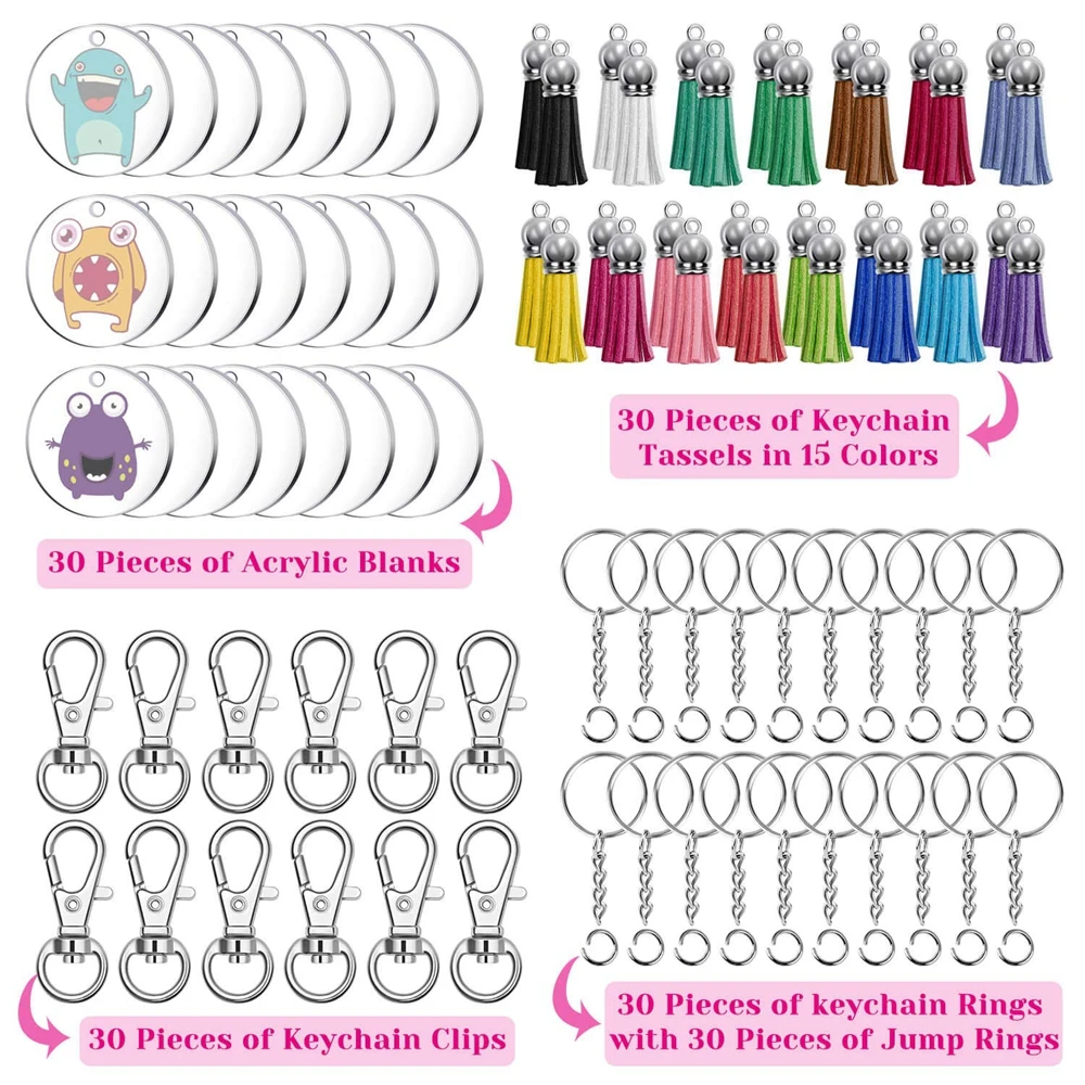 150pcs Clear Blank Keychains Kit Including Acrylic Blanks Tassels Keychain Clips Key Chain Rings and Jump Rings for DIY Crafting