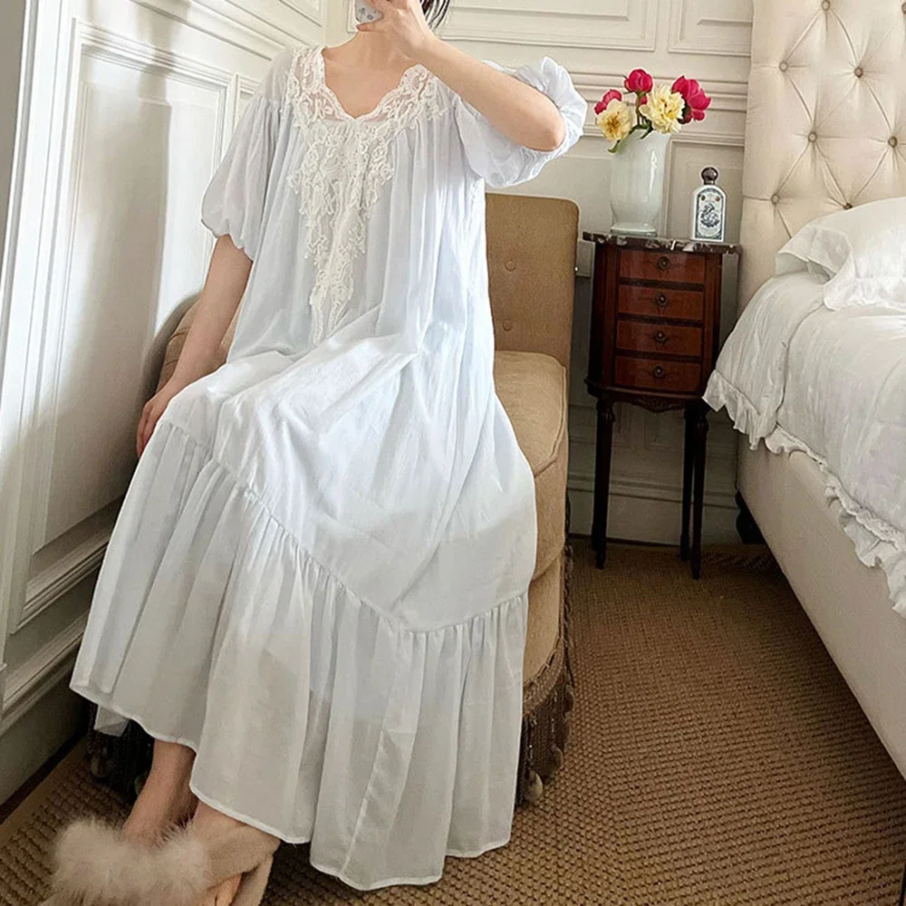 

Oversize Lace Princess Nightdress Short Sleeve Pure Cotton Retro Palace Vintage Loose Women's Home Dress Sleepwear Big V1290