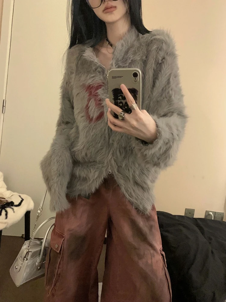 Y2k 미적인 자카드 루즈 가디건 스트리트웨어 여성용 모피 더블 지퍼 스웨터, 하라주쿠 페어리 니트 그런지 스위트 코트