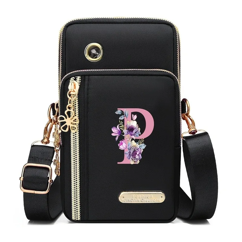 Floral Print Mobile Wallet with Zippered Card Organizer and Adjustable Strap