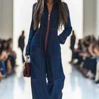 Women's Lapel Retro Zipper Pocket Long-Sleeved Wide-Leg Jumpsuit
