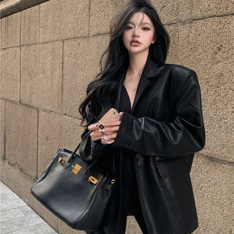 

Black Women's Leather Suit Jacket Autumn Temperament Fried Street Handsome Locomotive Ladies Jacket Loose Cardigan Tops