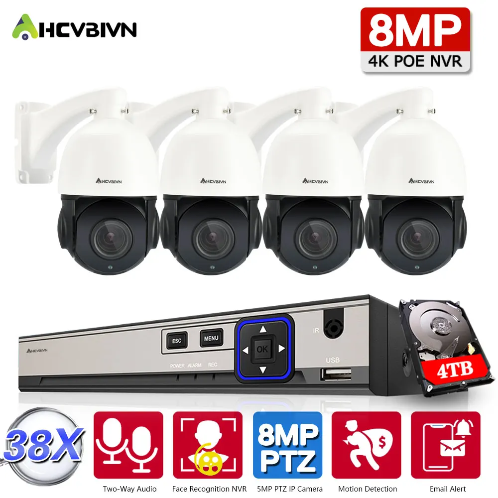 

HD 8CH POE NVR 8MP PTZ IP Camera Outdoor 38X Optical ZOOM Two-Way Audio Speed Dome WIFI Camera IR 150M P2P CCTV Security Set