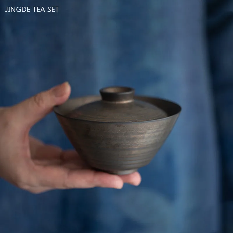 140ml Retro Coarse Pottery Cover Bowl Teacup Tradition Handmade Gaiwan Household Beauty Tea Bowl Chinese Ceramic Tea Infuser