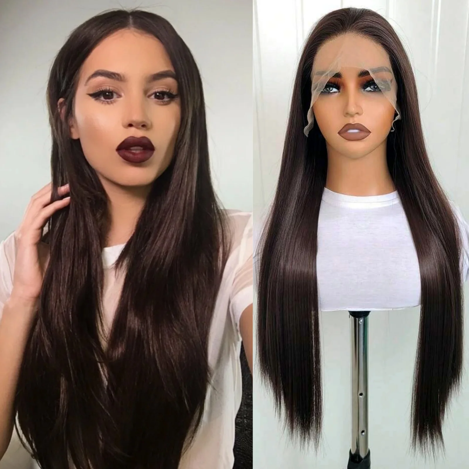 Synthetic Wig Long Straight Lace Front For Women Dark Brown