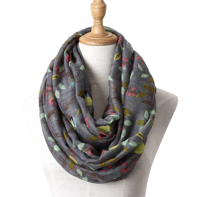Winter Light weight Animal Infinity Scarf Women Luxury Brand Abstract Birds On Tree Viscose Echarpe Shawl Loop Ring Scarves 4