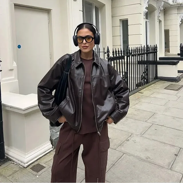 Vintage Zipper Black Collar Women's Leather Jacket Fashion Quilted Long Sleeve Pocket Coat Female New Commute Office Streetwear 1