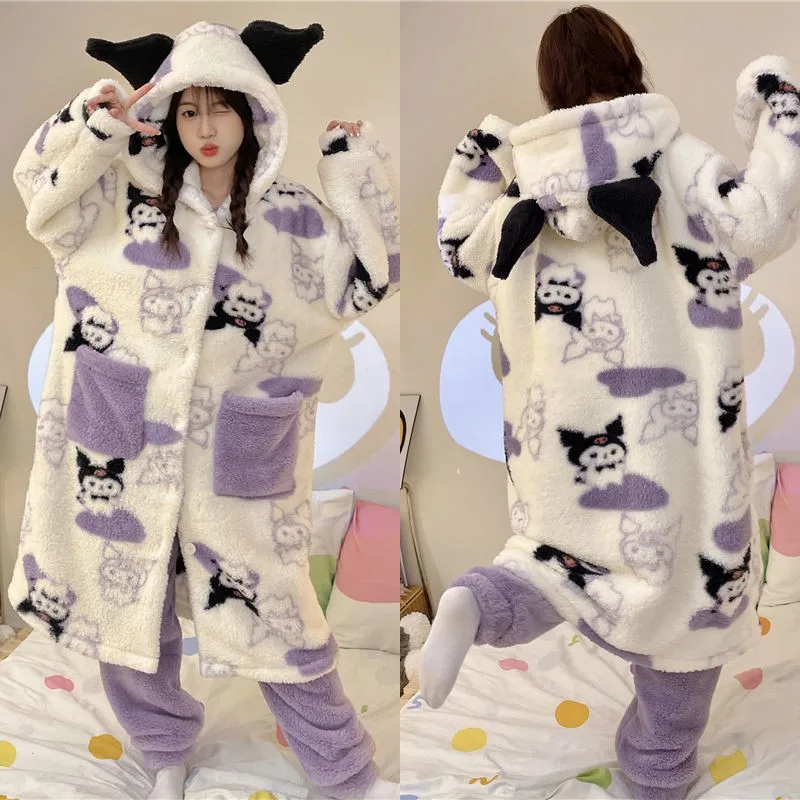 Kawaii Plush Pajamas Sanrios Cartoon Kuromi Homewear Suit Winter Anime Nightwear Girl Cute Loose Fitting Warm Hooded Sleepwear