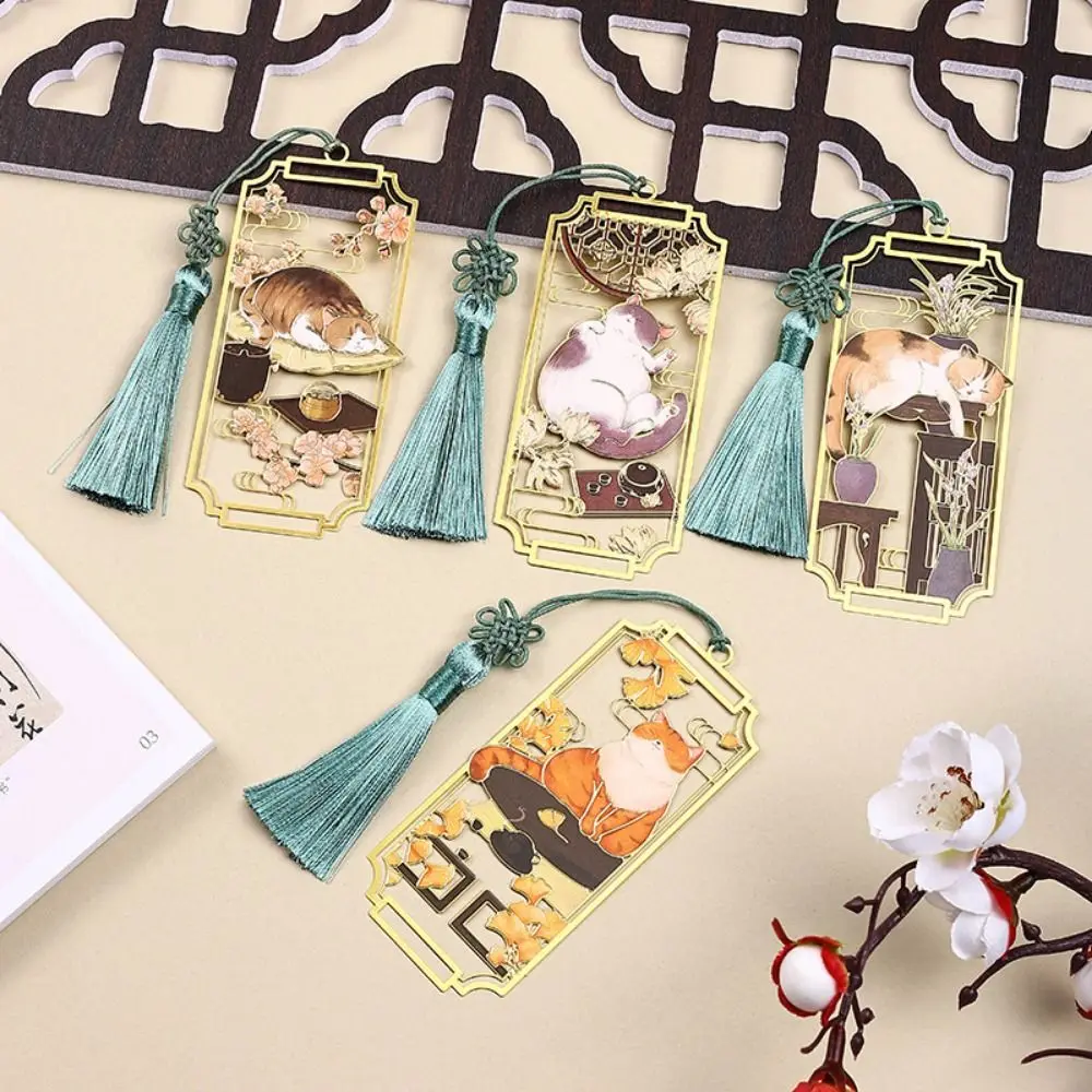 Cat Hollowed Cat Bookmark Flower Chinese Style Metal Reading Bookmark Fashion Tassels Chinese Style Bookmarks Reading Marker