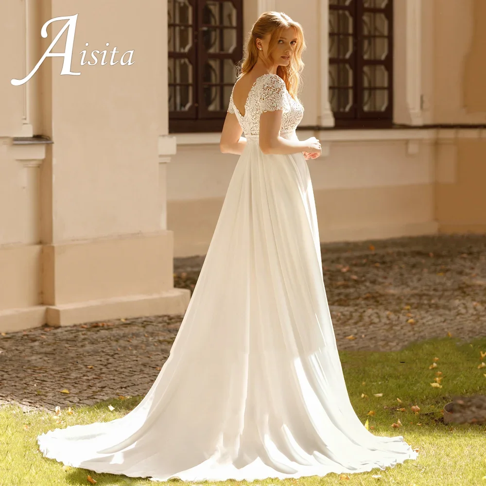 Abito da sposa da spiaggia per sposa in gravidanza, con maniche corte in pizzo, scollo quadrato, in chiffon, linea ad A, senza schienale, stile impero, per donna - immagine 2