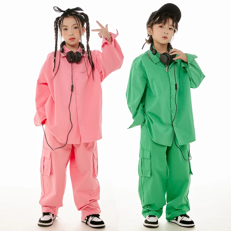 

Kids Hip Hop Dance Costume Pink Green Long Sleeves Shirt Pants Boys Girls Jazz Modern Performance Clothes Stage Outfits BL11545