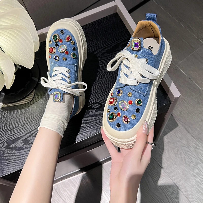 

New Womens Round Toe Diamond Crystal Rainbow Colors Sneakers Flats Loafers Slip on Shoes Luxury Shoes Kawaii Shoes Zapatos Mujer