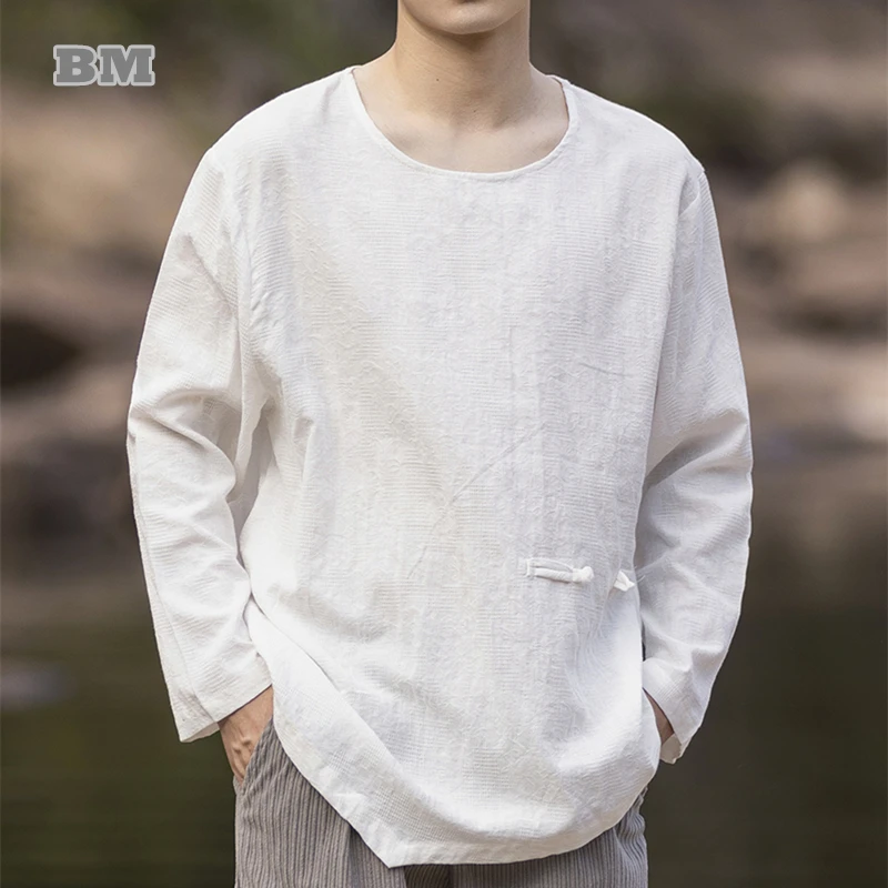 

Chinese Style Vintage Cotton Linen Long Sleeve T-Shirt Men Clothing Plus Size Tai Chi Kung Fu Crew Neck Pullover Tops Male
