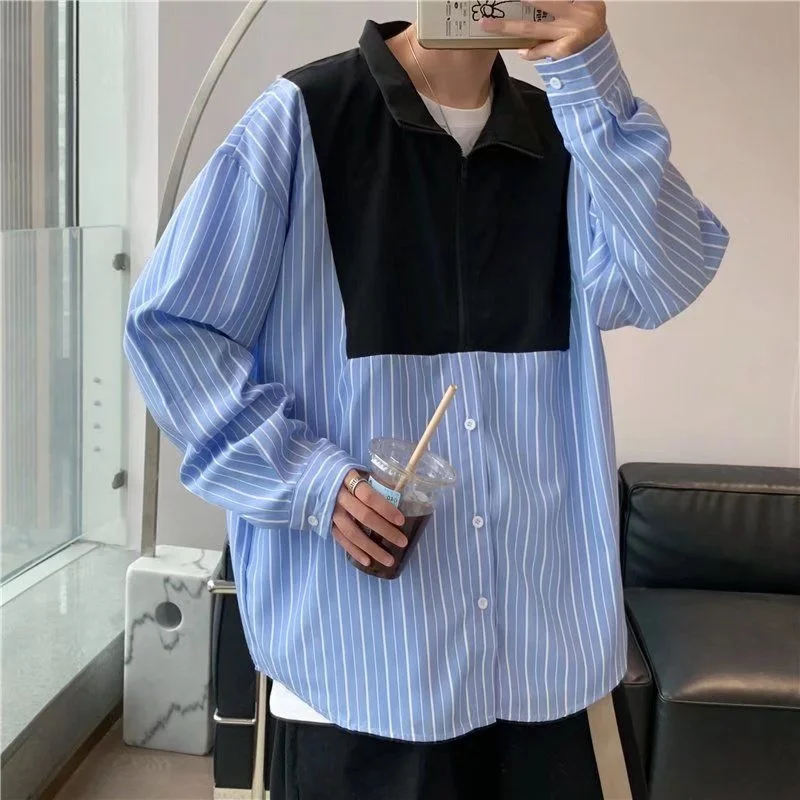 

2022 Summer Men's Classic Style Patchwork Striped Printing Cotton Casual Shirts Fashion Shirts Apricot/blue Camisa Masculina