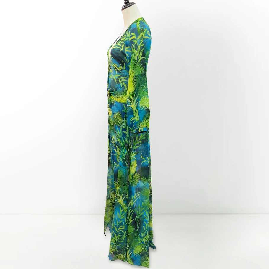 Длинное зеленое платье с глубоким V-образным вырезом и ювелирными пуговицами, банкетное платье, женское пляжное платье