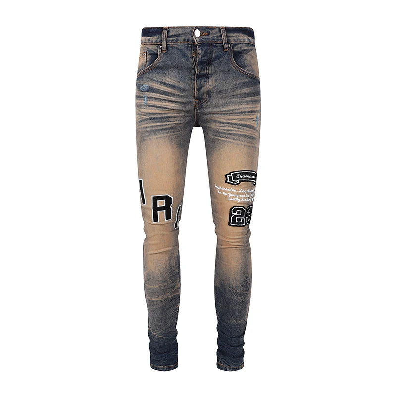 

New 2023 Casual Fashion Men's Jeans Fashion Mud Color Letter Make Old Embroidered Distressed Skinny Jeans High Street For Men