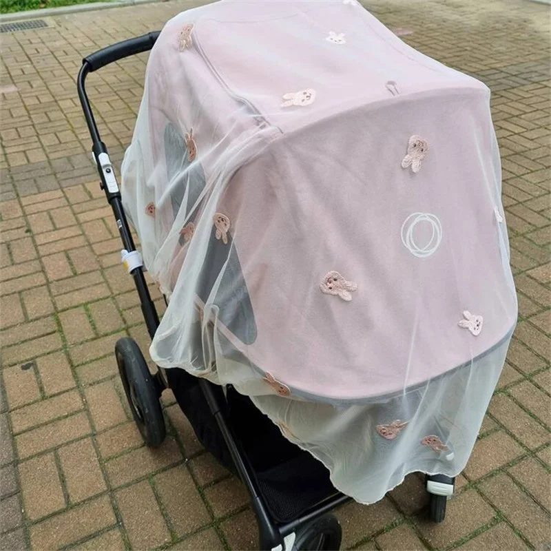 Baby Stroller Cover Breathable Mesh Pram Mosquitoes Net Cartoon Embroidery Bear Pushchair Sunshade Windshield Sunscreen Curtain baby stroller accessories deals	