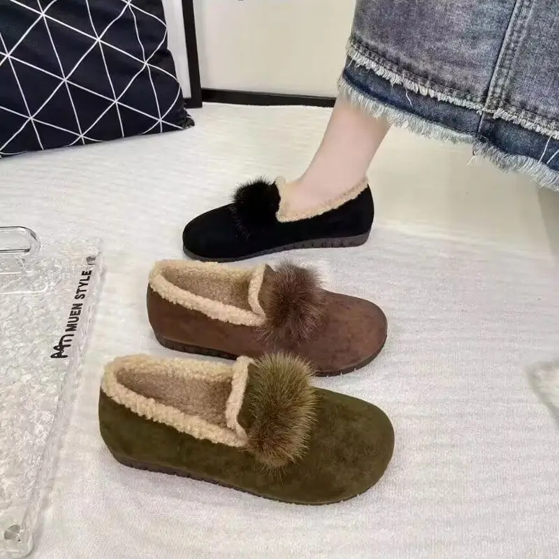 

Female Plush Flat Shoes Autumn Winter New Soft Round Toe Boots Women's Casual Comfy Warm Vintage Slip-on Cotton Shoes for Woman