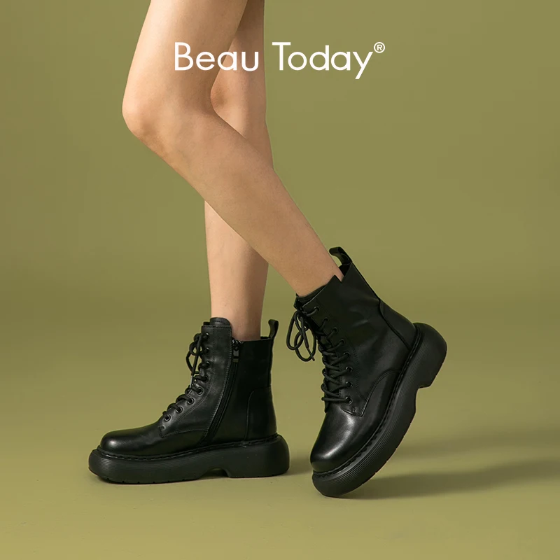 

BeauToday Ankle Boots Women 2023 New Arrival Genuine Cow Leather Lace-up Closure Sewing Female Platfoem Shoes Handmade B04490