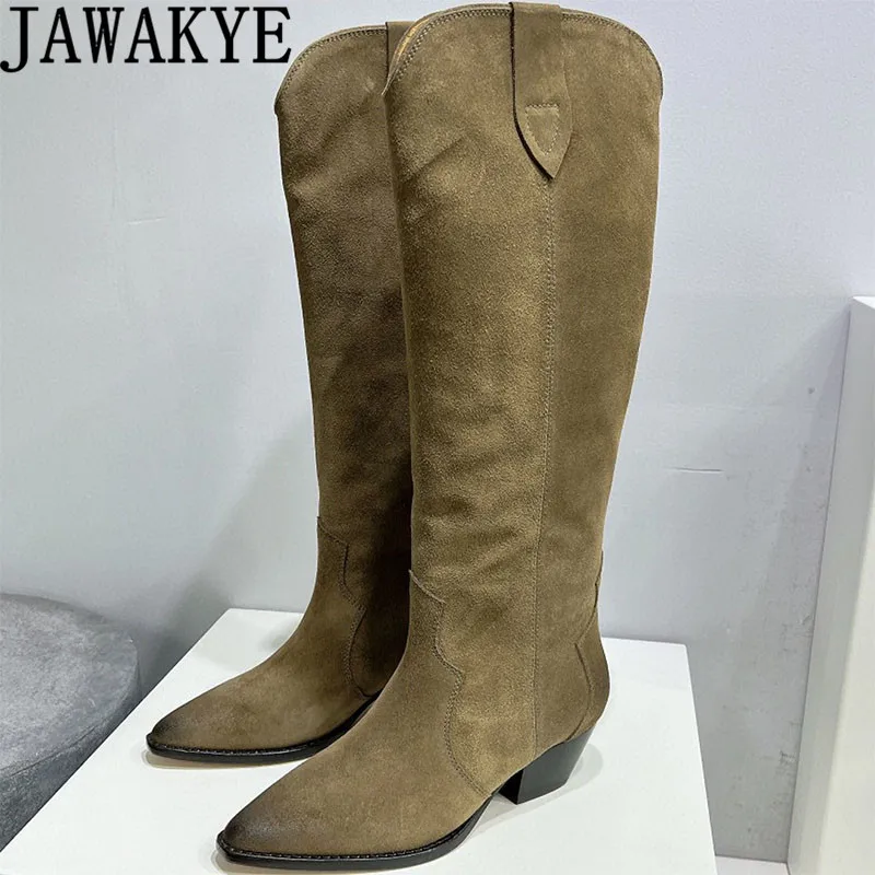 

Winter Over Knee High Boots Women Quality Kid Suede Chelsea Ankle Boots Old Pointy Toe Fashion Week Cowboy Knight Boots Mujer