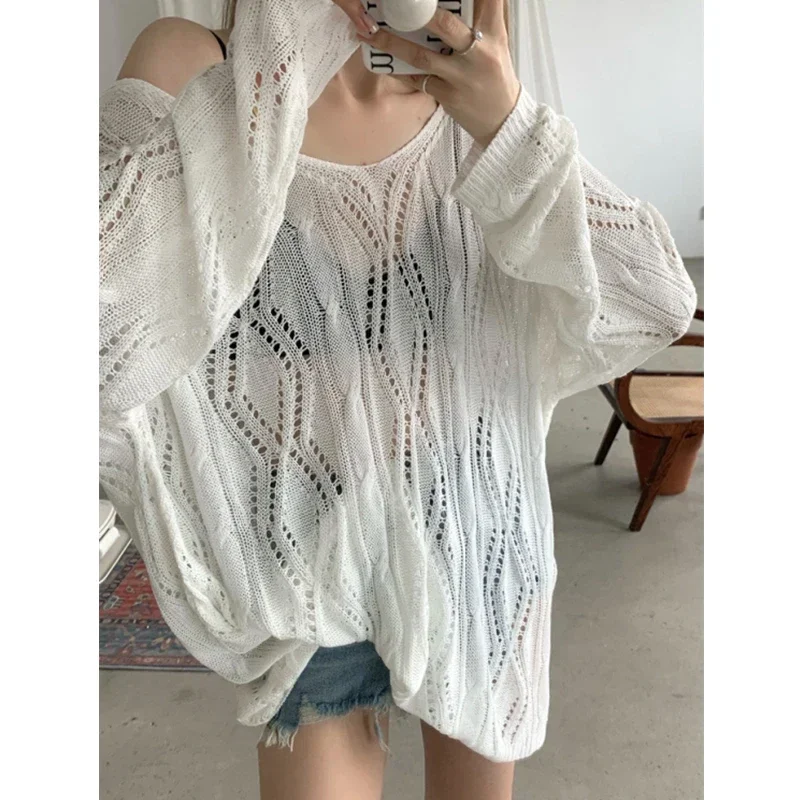 Hollow Out Lace Up Top New Long Sleeve Sunscreen Cover Up Thin Knitted Women Blouse Loose Air-conditioning Casual Shirts