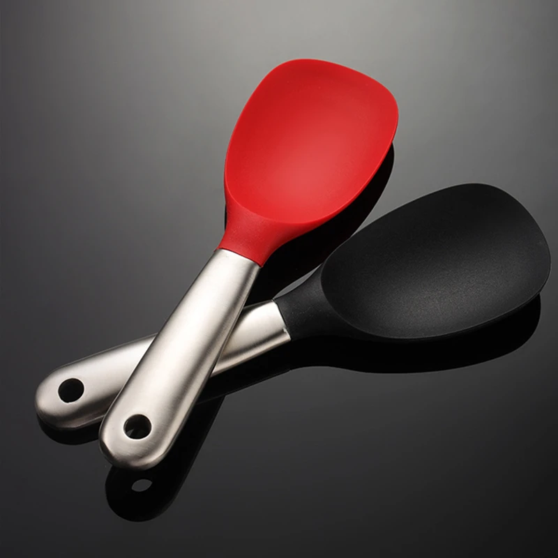 Silicone Rice Spoon Cooking Spoons Flat 430 Stainless Steel Rice Spoon Non-stick Shovel Silicone Ladle
