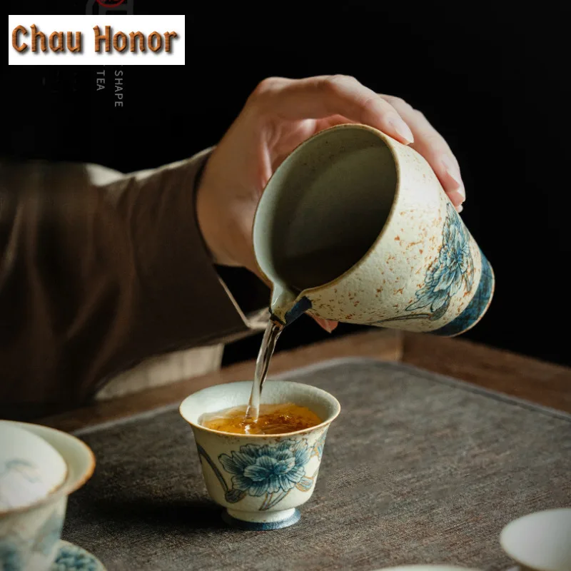 1PC Blue And White Flint Red Ceramic Tea Cup Hand-painted Peony Flower Master Cup High Footed Meditation Cup Drinkware Gift 45ml