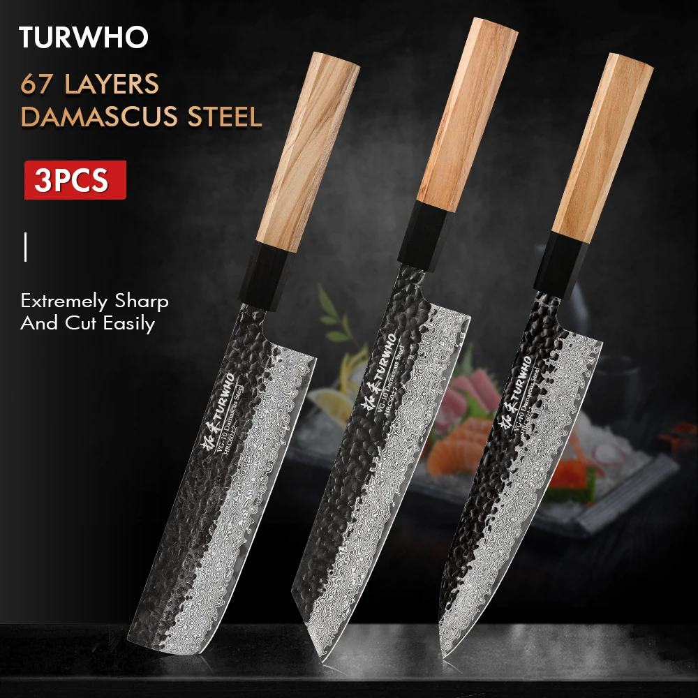 Turwho 3 Piece Kitchen Knife Set Hand 67 Layers Damascus Steel