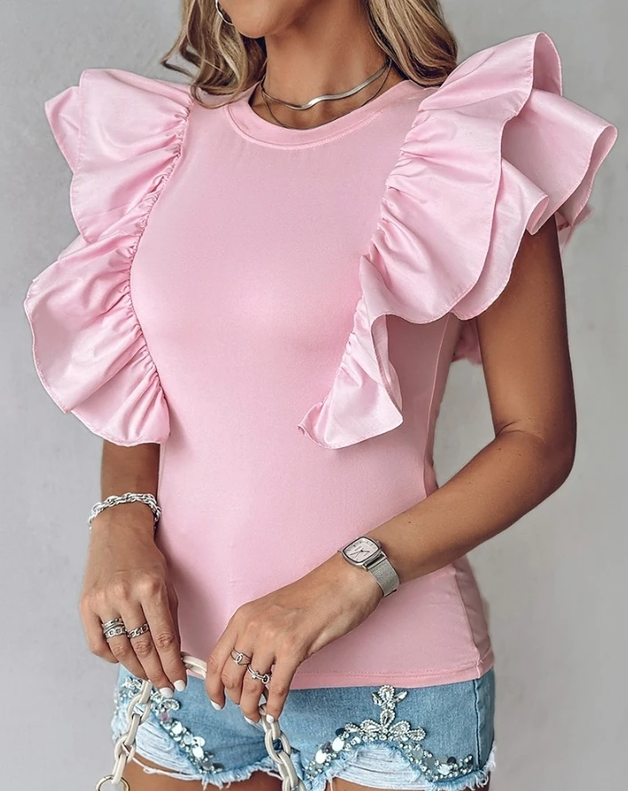 

Fashion 2024 Summer Women Casual Daily T-shirt Tops Solid Color Layered Ruffle Hem Round Neck Short Sleeve Slim Fit Tee Top