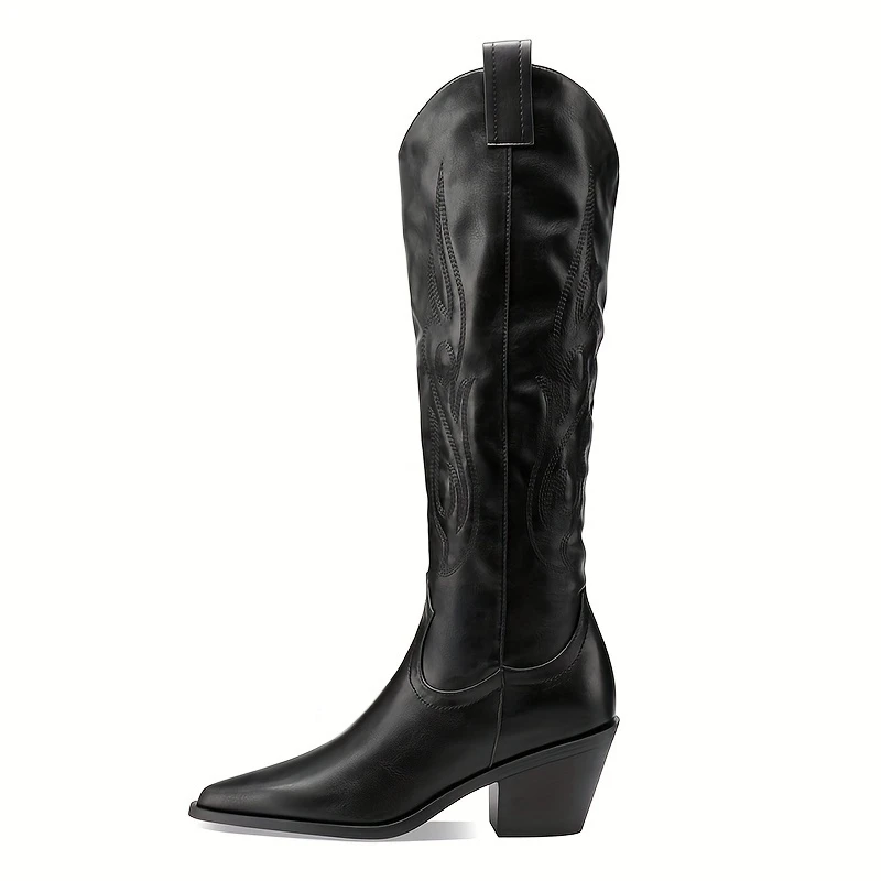 Women's Western Mid calf Pointed Head Large Denim Embroidered Flame High Heels Over Knee Gothic Boots