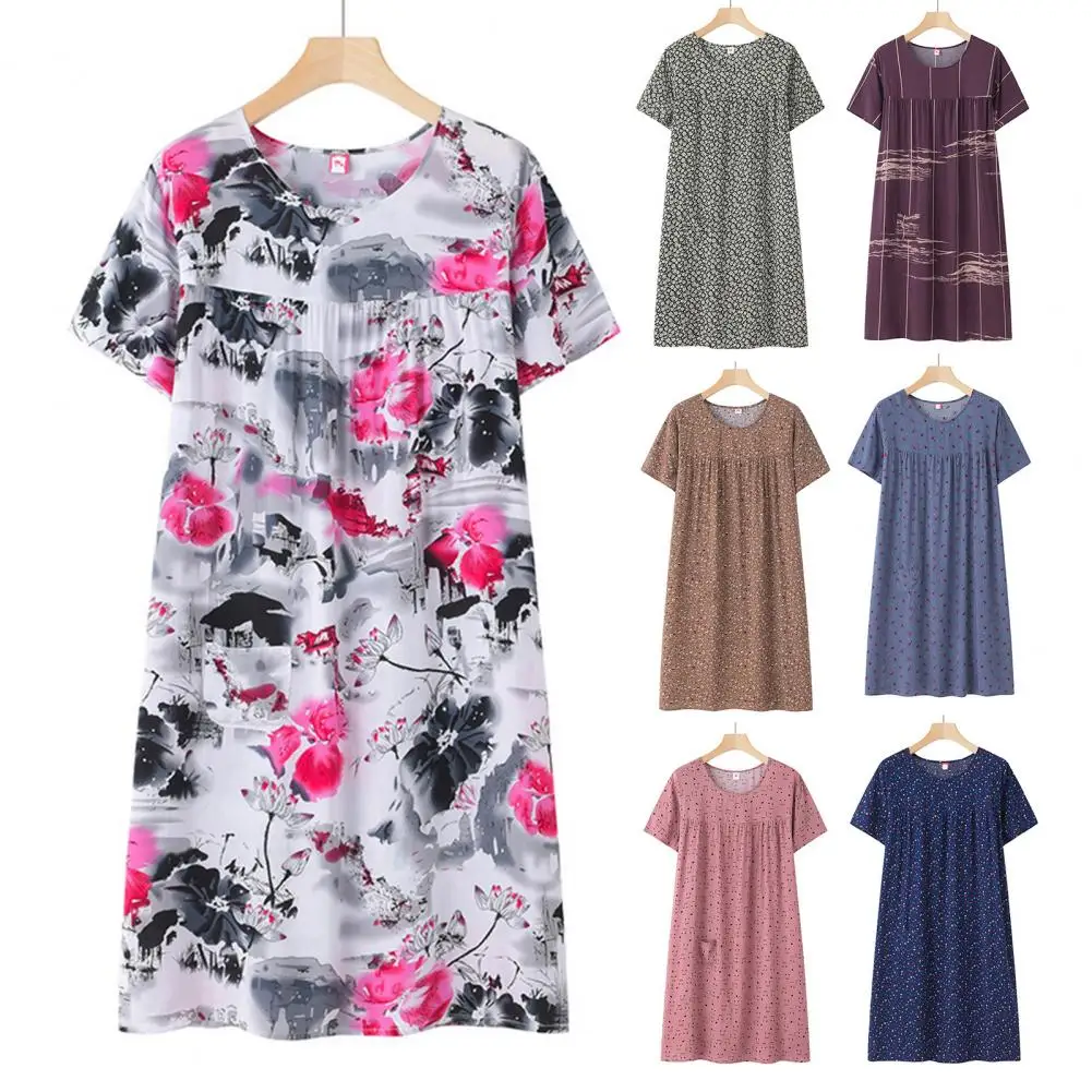 

Women Nightgown Floral Print Summer Nightdress for Women Round Neck Short Sleeves Pleated Loose Fit Sleepwear for Mother