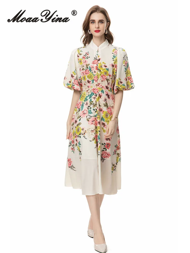 

MoaaYina Summer High Quality New Arrivals Women Dress Vintage Floral Print Sashes Mandarin Collar Puff Sleeve Mid-Calf Dresses