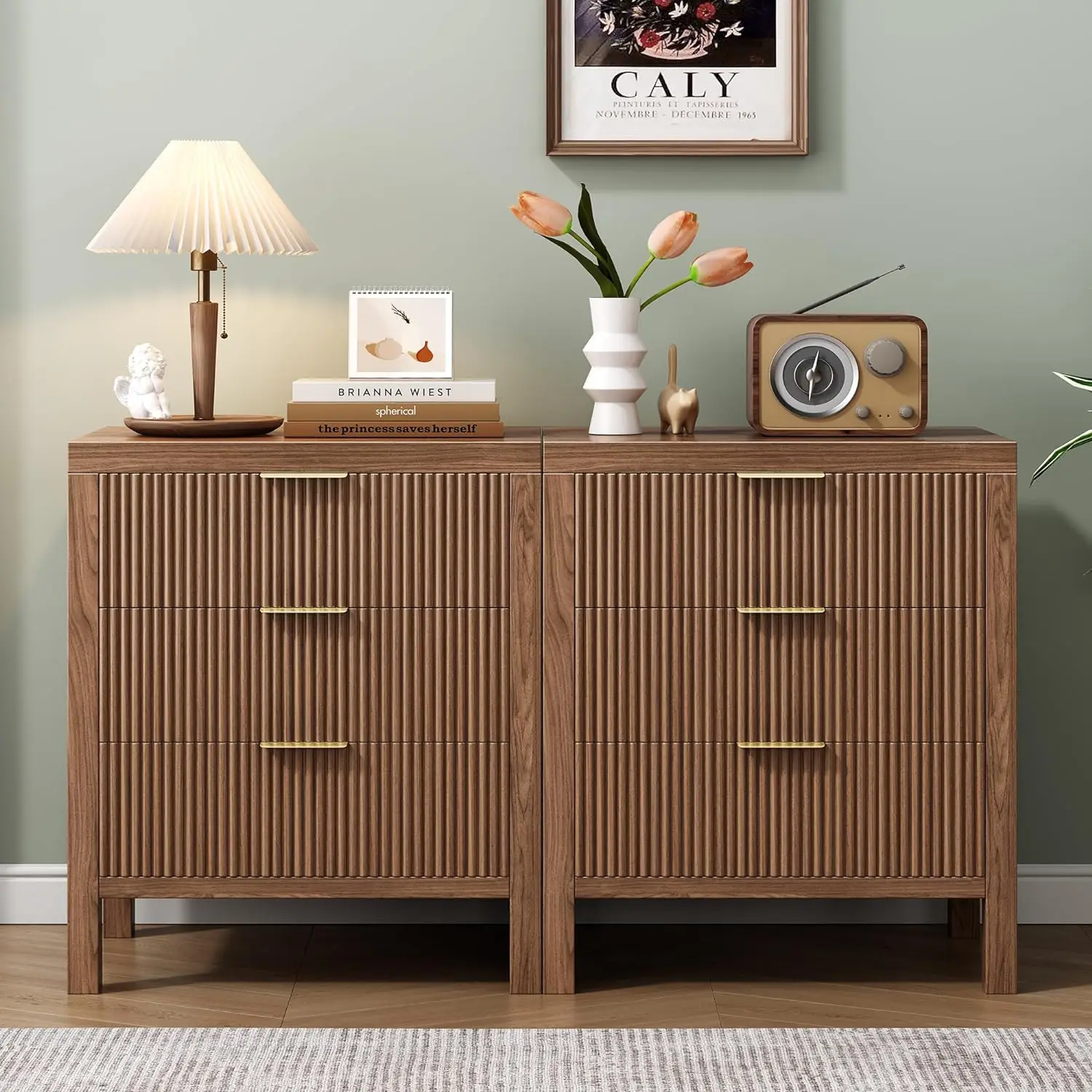 Set Dresser and Nightstand Sets Bedside Tables Mid Century Nightstands with 3 Wide Drawers for Bedroom Kids Room Hallway