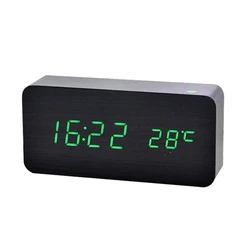 Sleek Wooden LED Desk Alarm Clock with Temperature Display (Black Green-LED)