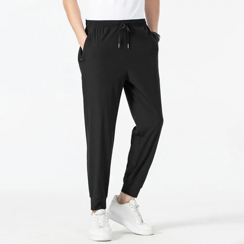 Youthful Adult Trousers Ice Silk Unisex Pants with Side Pockets Drawstring Waist for Gym Training Jogging Quick Dry Solid Color