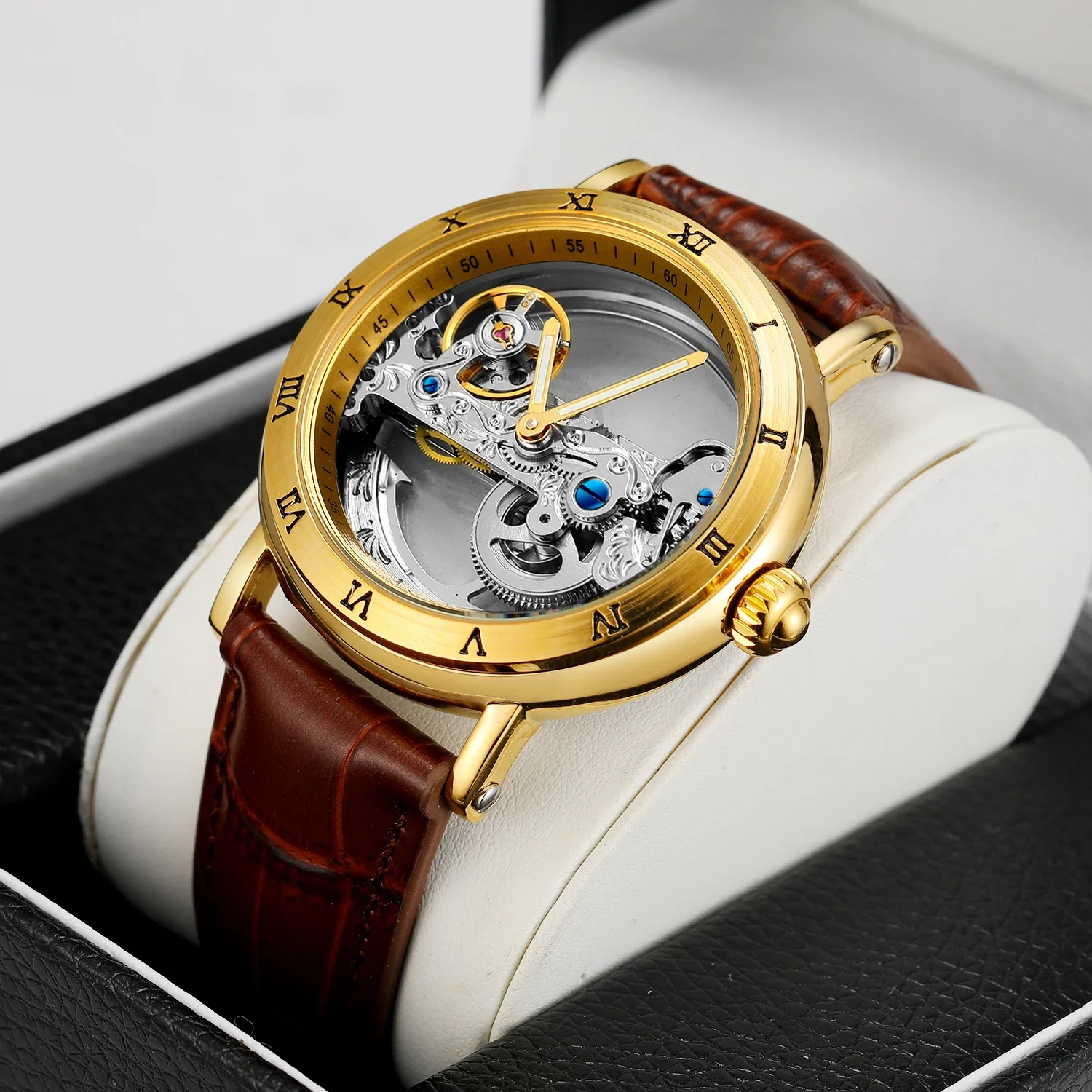 

Vintage Mechanical Watches Golden Bridge Skeleton Automatic Mens Watch Luxury Genuine Leather Belt Carved Movement Luminous Hand
