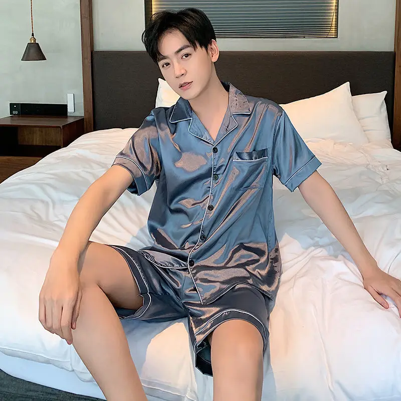 Pajamas Set Silk Pajamas Man Pajamas Set Satin Pajama Set Men Ice Silk Satin Short Sleeve Shirt+Shorts 2Pcs Suit Summer Thin Sleepwear Solid Color Casual Home Clothes