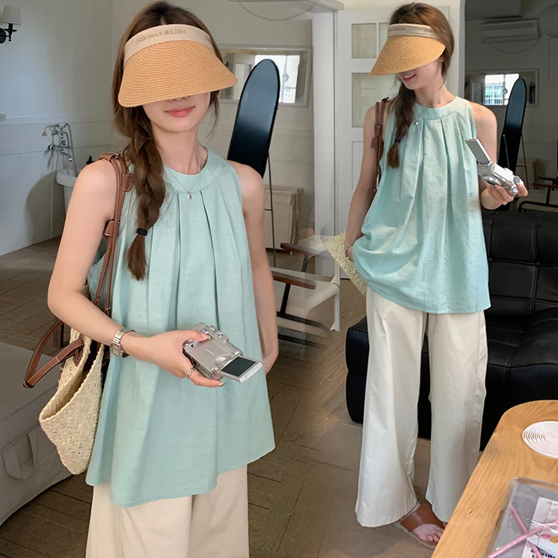 Summer Maternity Clothes Set Sleeveless Pleated Shirts Wide Legs Belly Trousers Twinset Cool Pregnant Women's Pants Suits