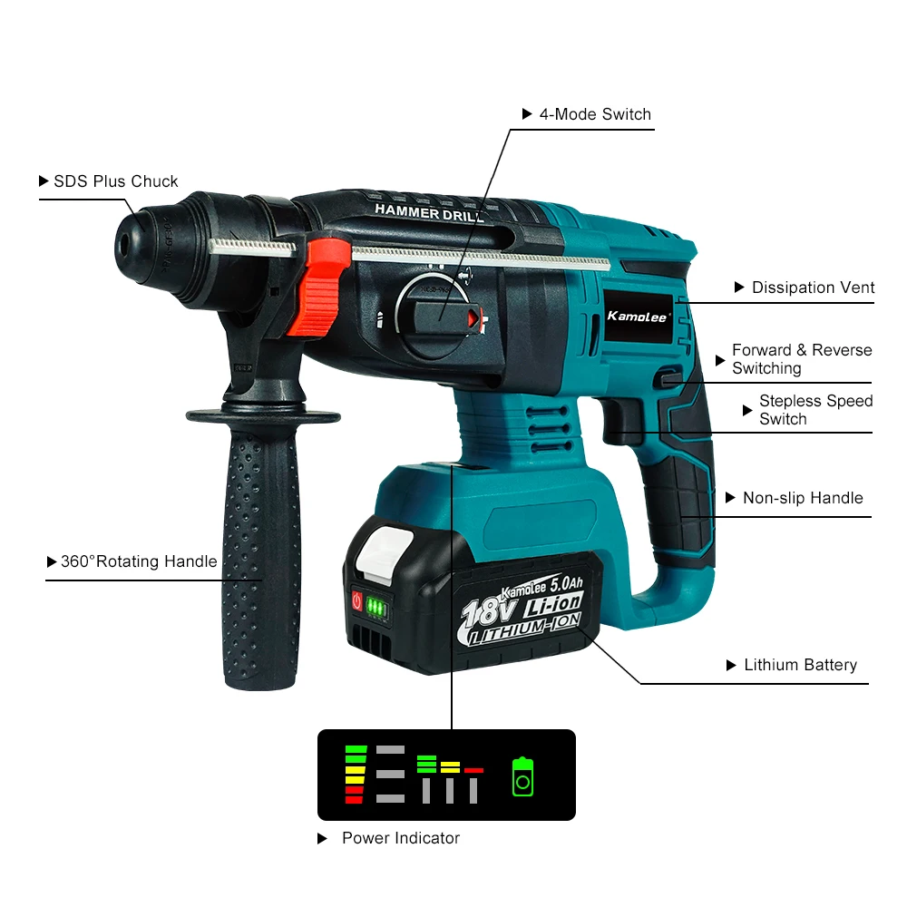 Electric Hammer Drill Electric Jackhammer Electric Grinder Drill Kamolee 2000W Brushless Cordless Rotary Hammer Drill 10600IPM Rechargeable For Makita Battery